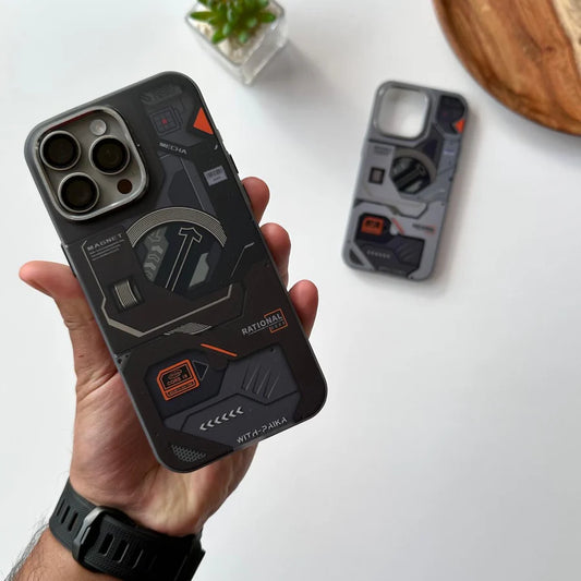 Black armor case for iPhone 16 with integrated MagSafe ring beneath smooth matte surface for secure magnetic attachment