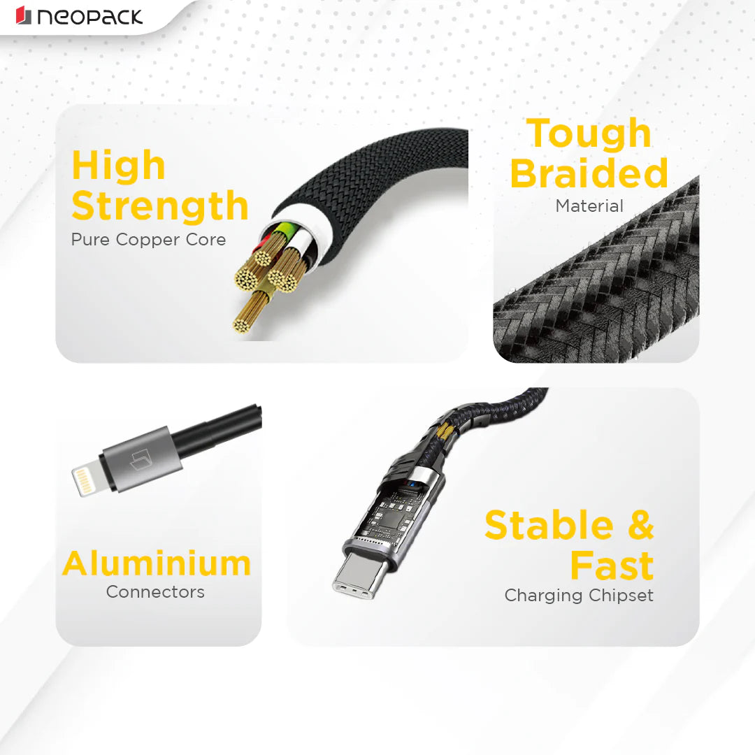 Neopack Duraflex Plus USB-C to Lightning Braided Cable – 27W PD, 1.5m
