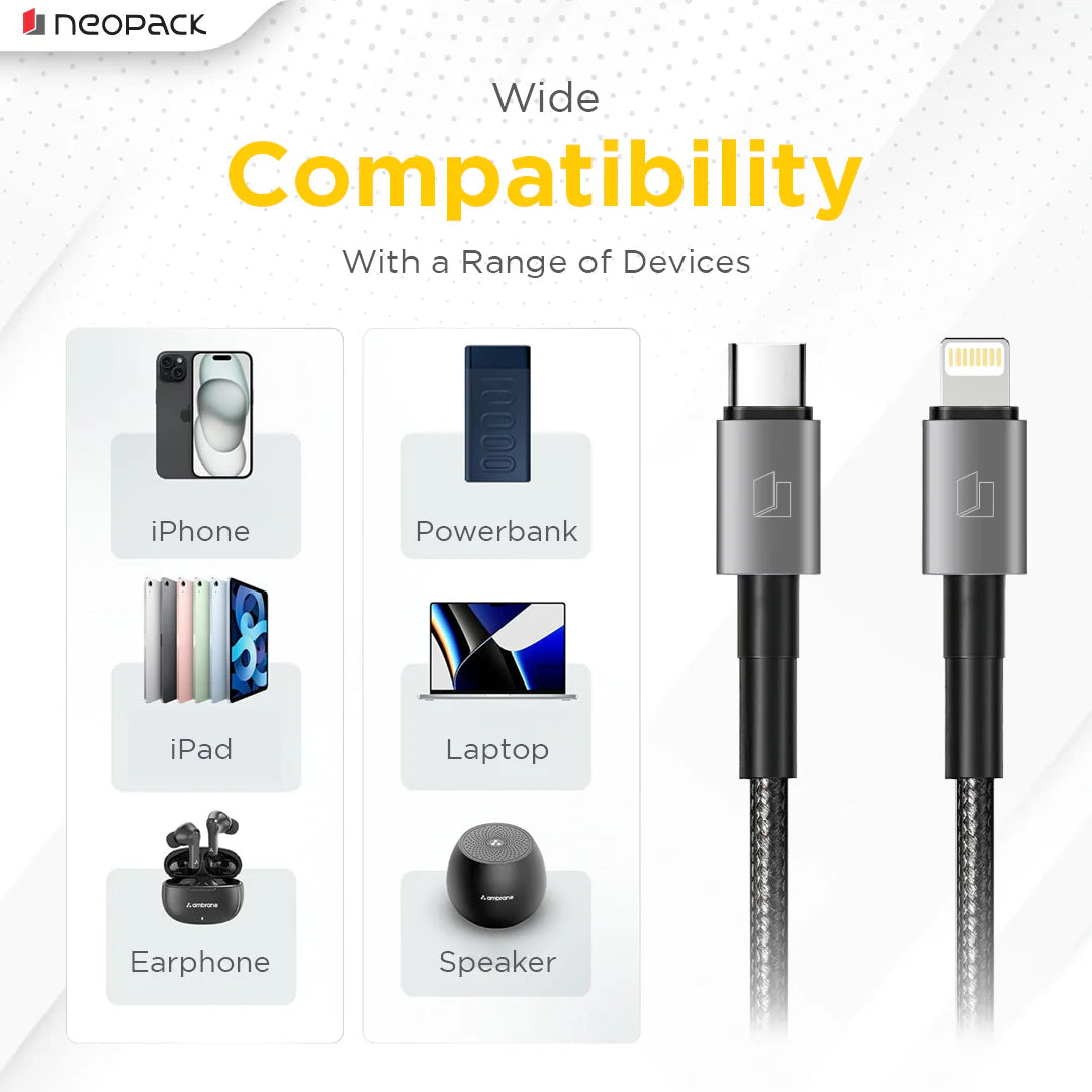 Neopack Duraflex Plus USB-C to Lightning Braided Cable – 27W PD, 1.5m