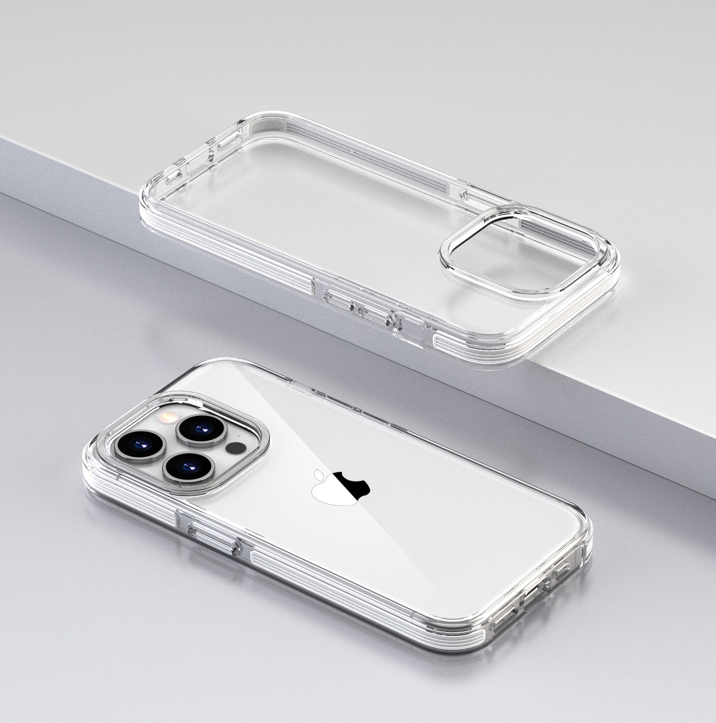 Close-up of clear case buttons and precise port cutouts on iPhone