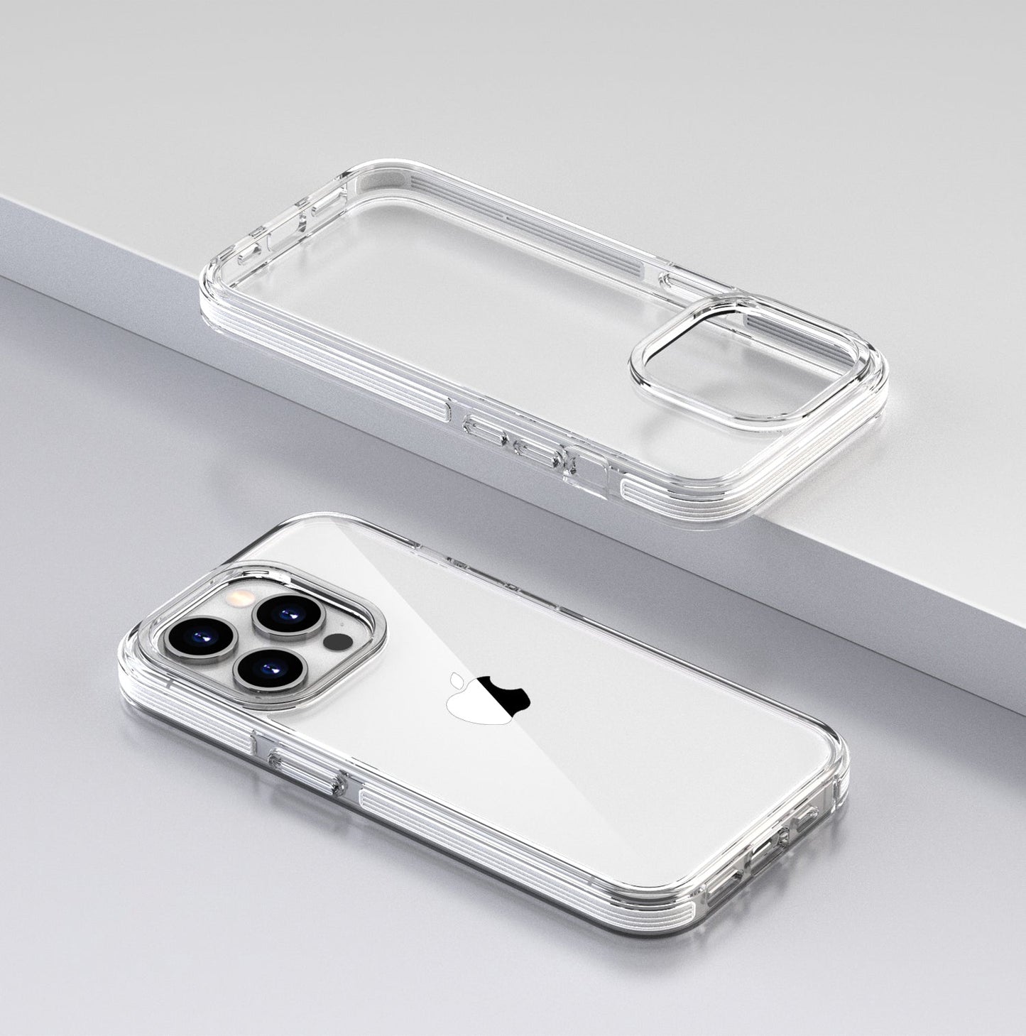 Close-up of clear case buttons and precise port cutouts on iPhone