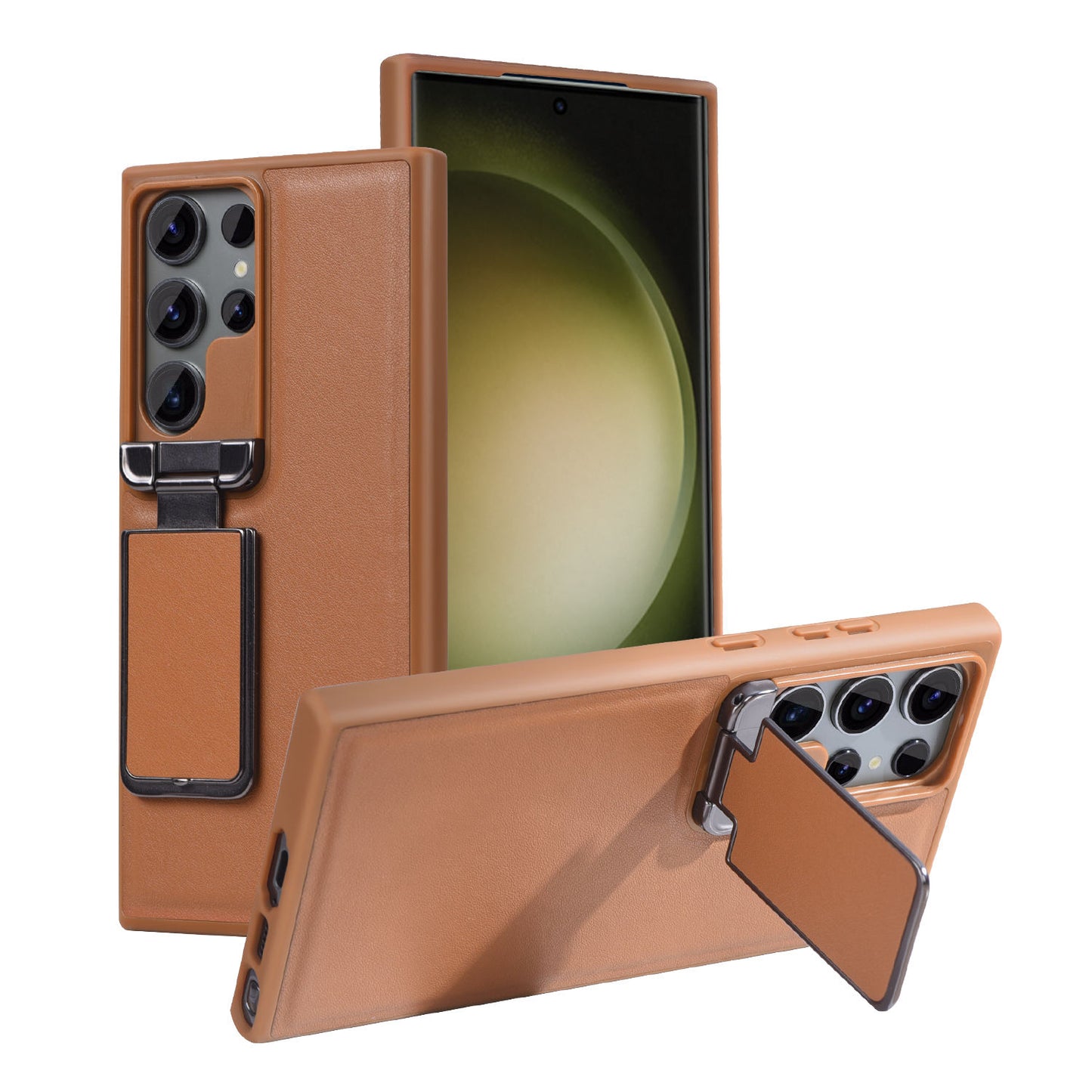 Leather-textured Samsung case with built-in metal stand and lens protection
