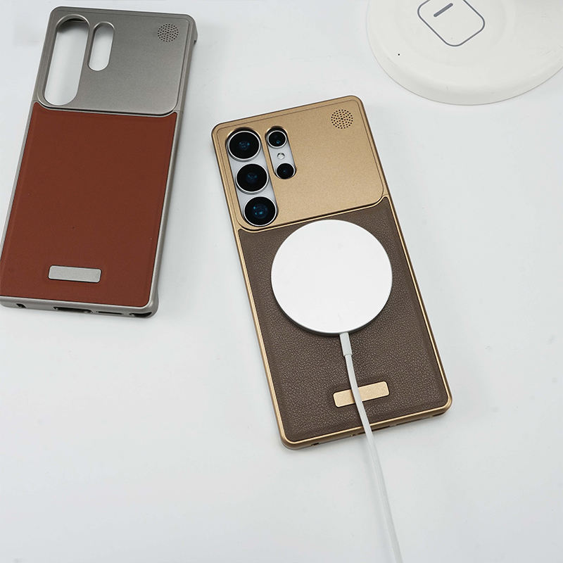 Premium stitched leather case for Galaxy phones in brown color