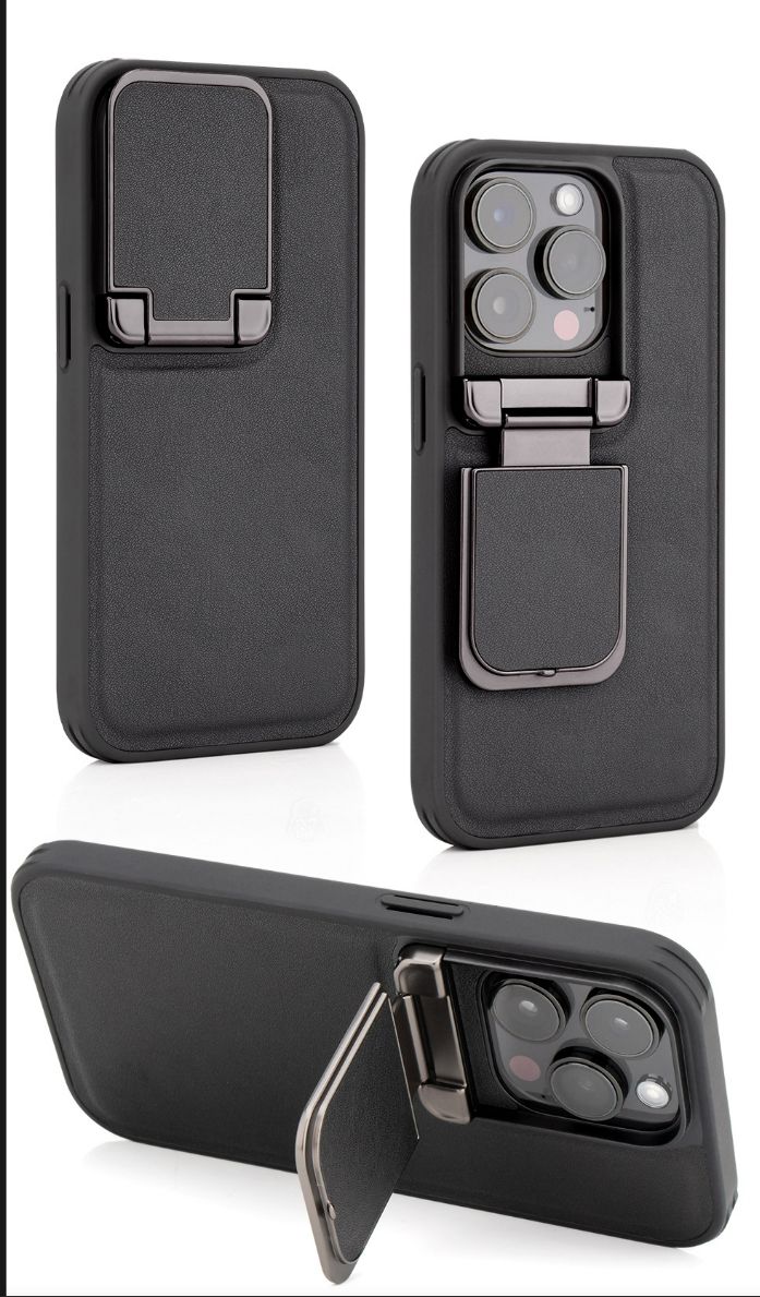 Leather-textured iPhone case with built-in metal stand and lens protection