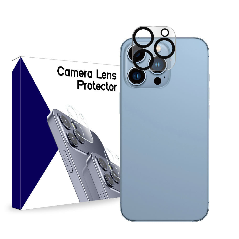 Full-coverage camera lens guard with black frame detail