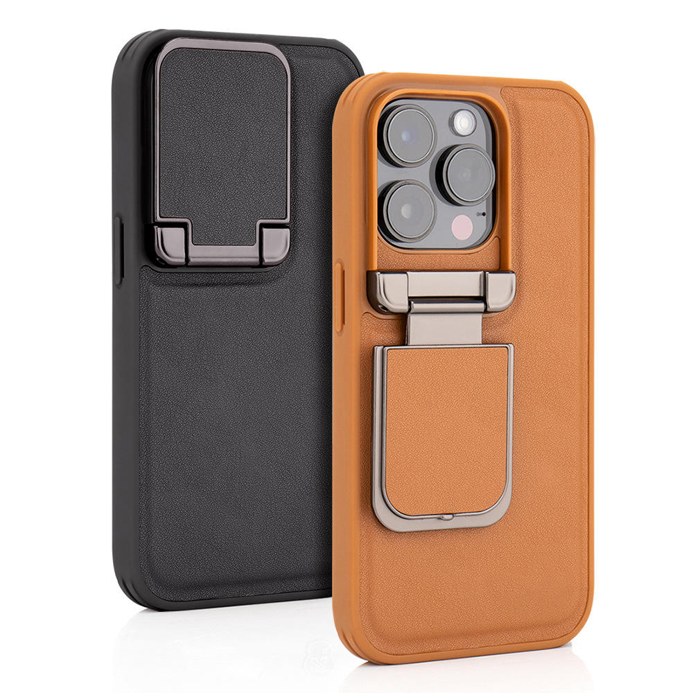 Premium leather-style case with smart foldable lens shield for iPhone
