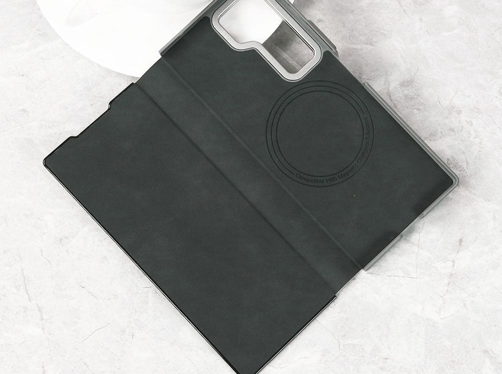 Fold6 leather flip case with built-in metal lens kickstand