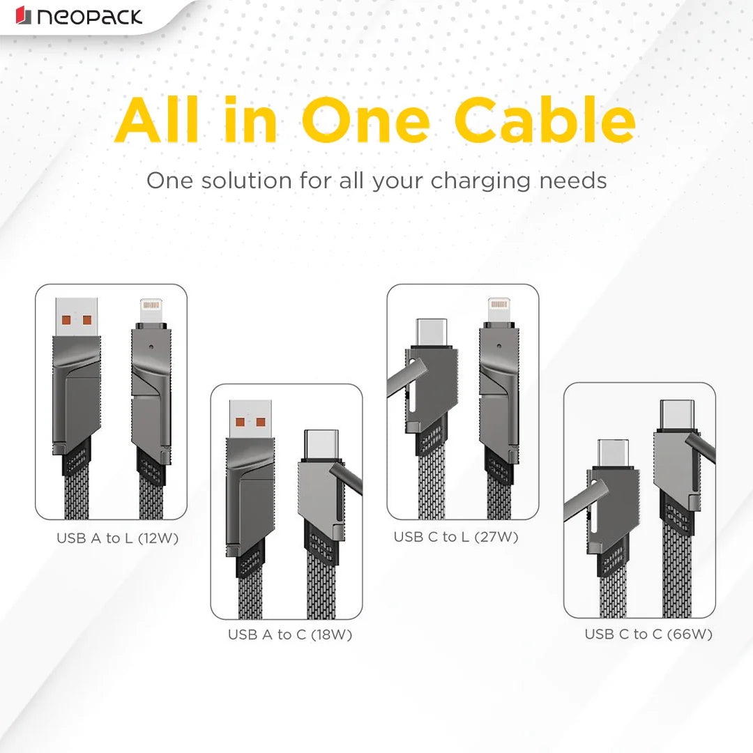 Neopack Almighty 4-in-1 Fast Charging Cable – 66W Braided Nylon