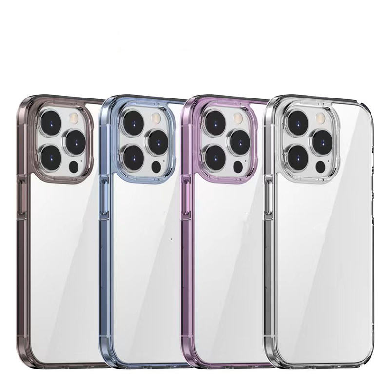 Set of 4 clear iPhone cases in transparent white, purple, tint black, and blue arranged flat for color comparison