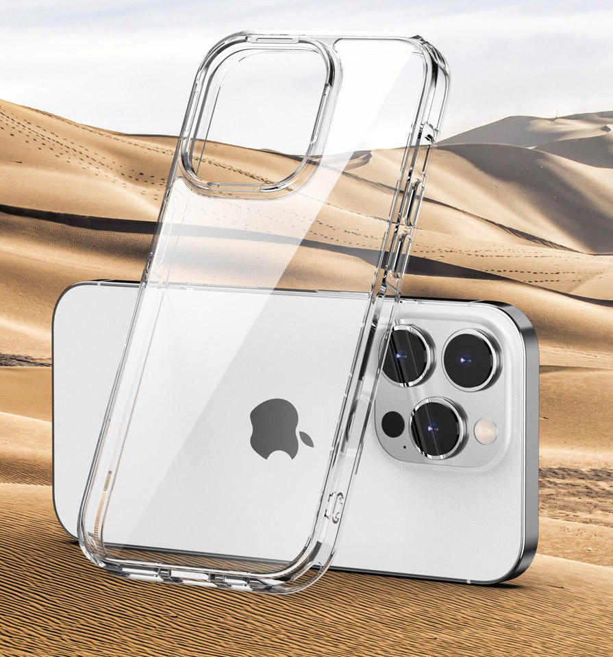 Minimalist iPhone case with crystal-clear back, Apple logo visible, white transparent bumper edges