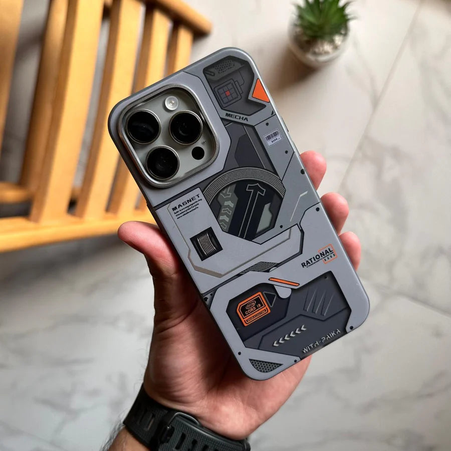 iPhone 16 case in Natural Titanium with Mecha-inspired sculpted lines and metallic accents for a sci-fi aesthetic”