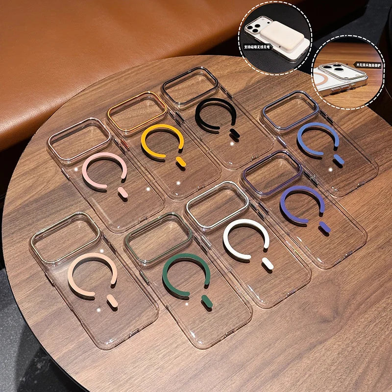 Transparent iPhone case with MagSafe alignment and bold colored ring design