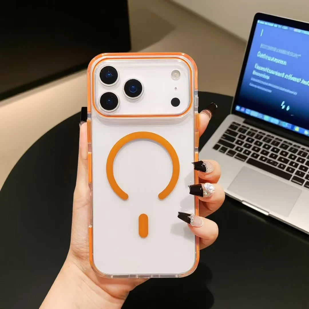 Transparent MagSafe case with reinforced orange camera protection for iPhone