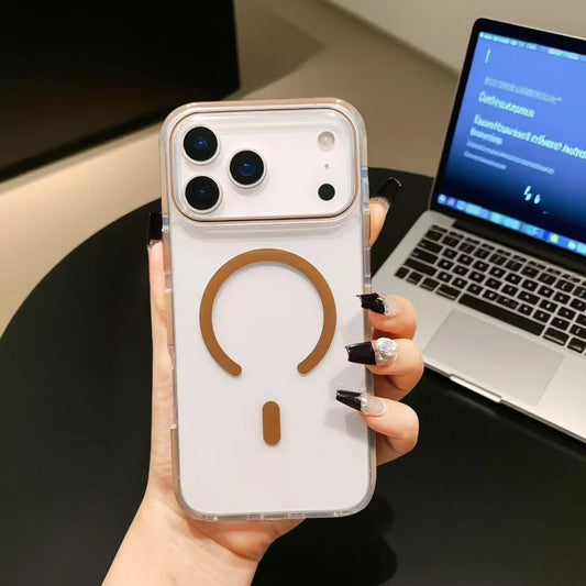 Transparent MagSafe case with orange camera guard for iPhone