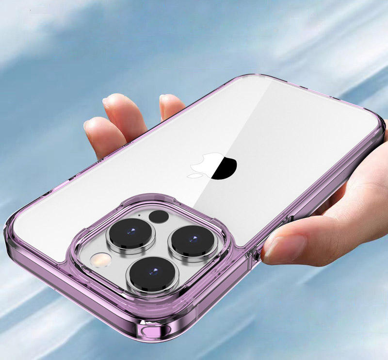 Purple edge clear iPhone case being installed on iPhone, flexible fit and easy snap-on design