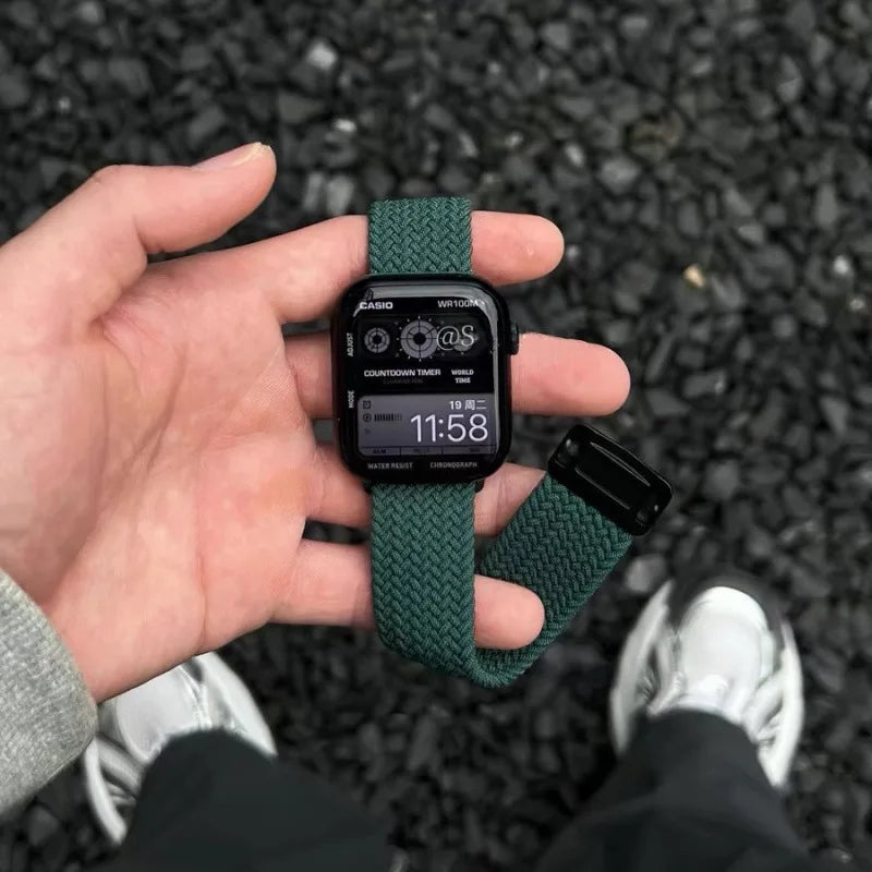 Handwoven tricolor Apple Watch strap with soft stretch braided nylon compatible with Apple Watch Ultra and Series.