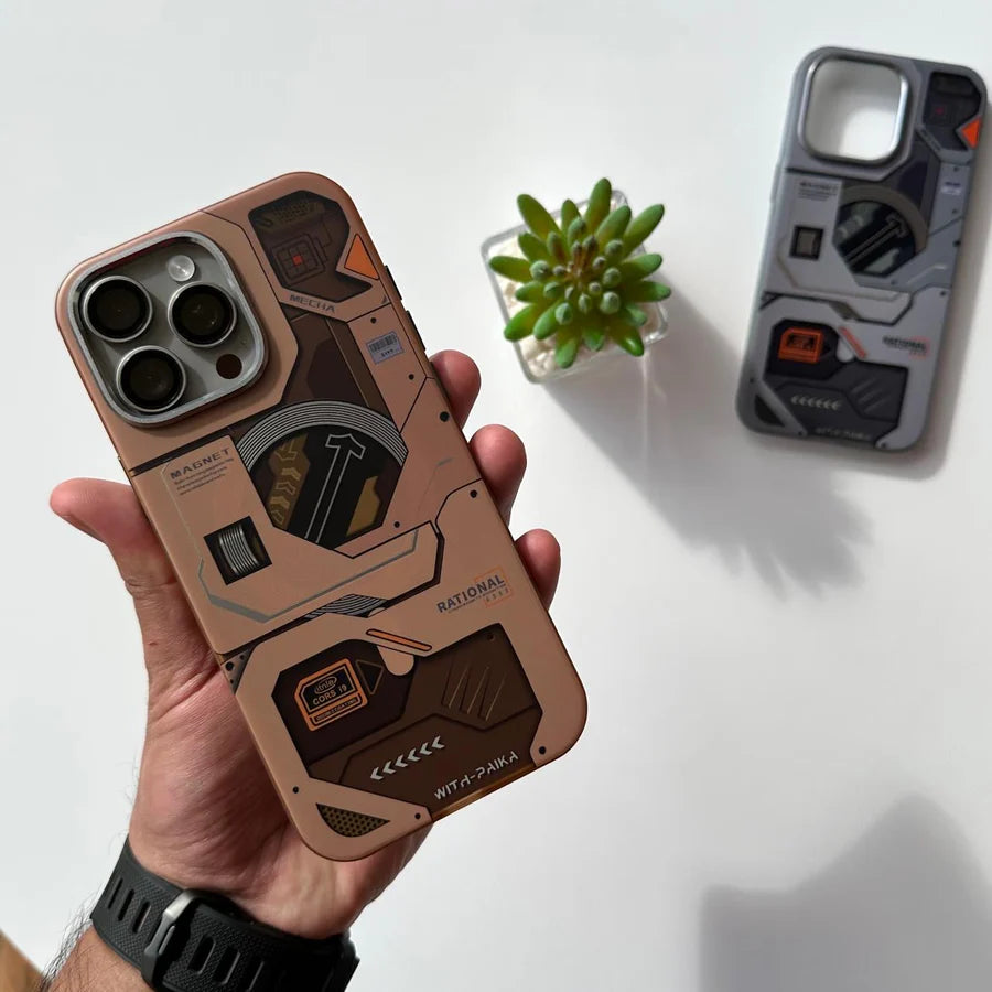 Close-up of Desert Titanium iPhone case showing laser-cut side button covers and grippy matte finish for better control