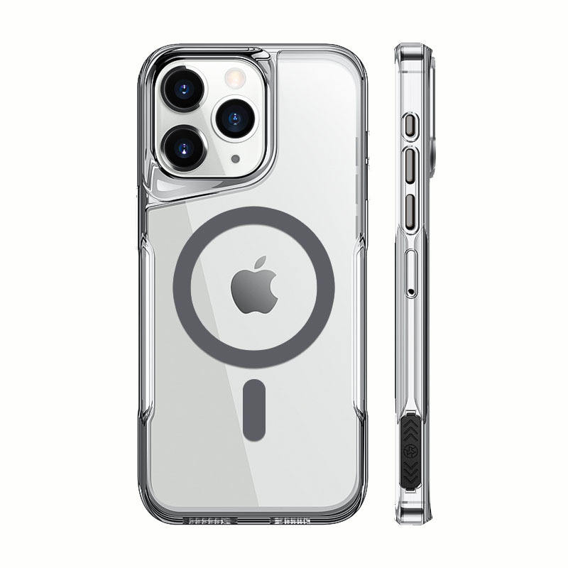 CoreRing Clear iPhone case with bold orange MagSafe ring and side grip


