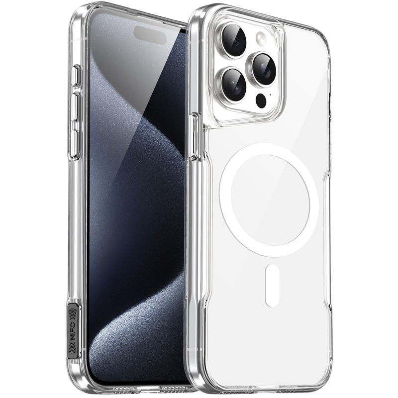 Shockproof transparent iPhone case with orange MagSafe alignment ring

