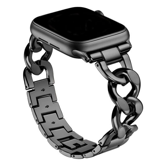 Stainless steel Apple Watch strap with glossy chain-link design

