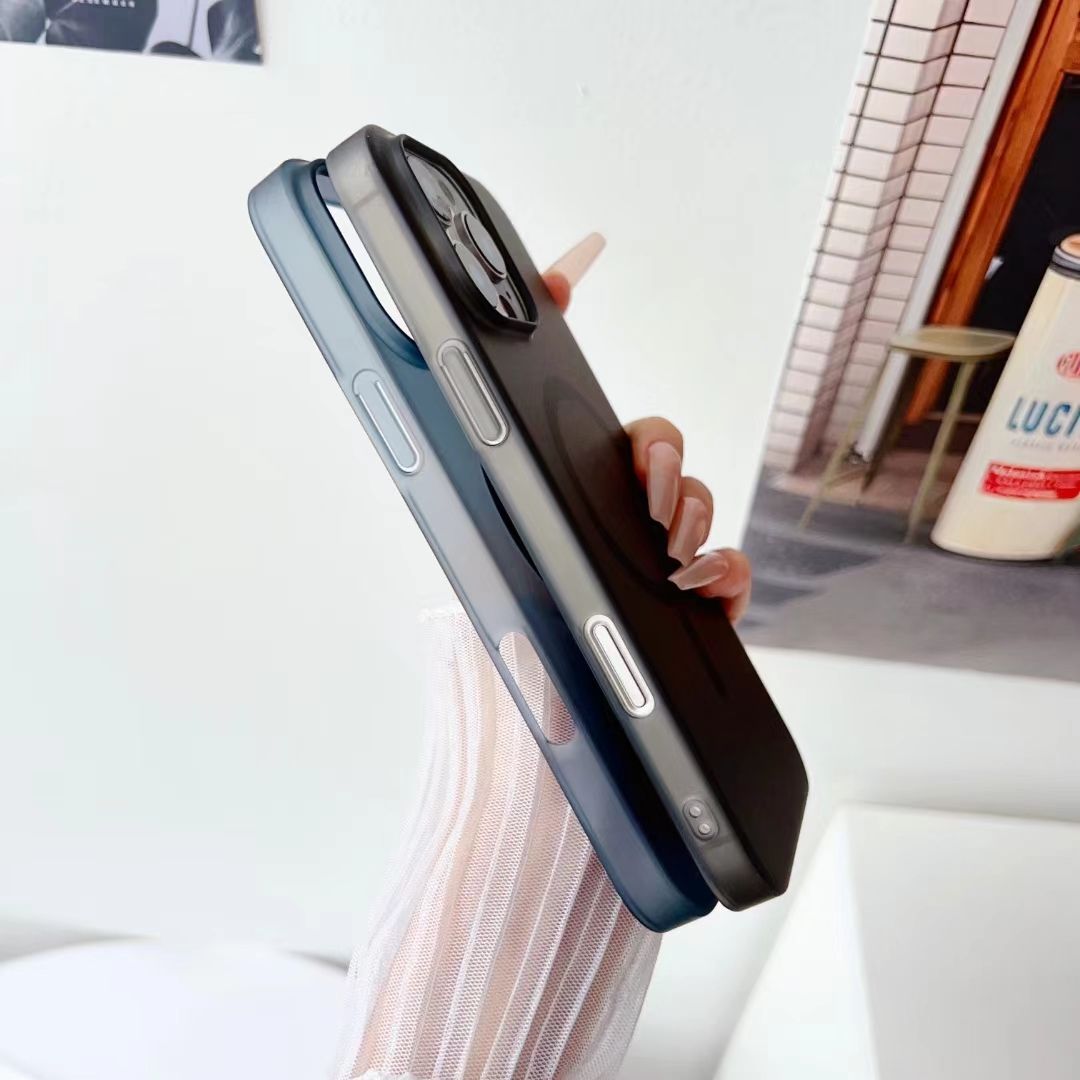 White iPhone case with matte texture and magnetic charging compatibility

