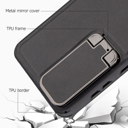 Foldable Samsung case with camera cover functionality and luxe texture

