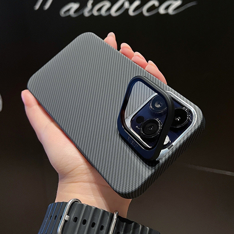 Carbon-look iPhone armor case with built-in stand and sleek feel

