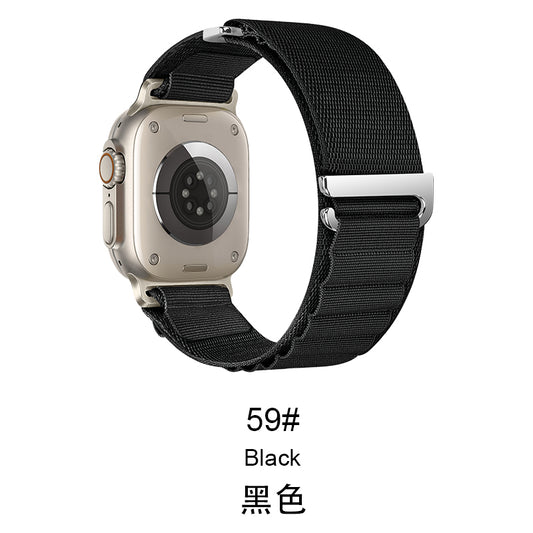 Breathable nylon Apple Watch strap in blue with adjustable loop design

