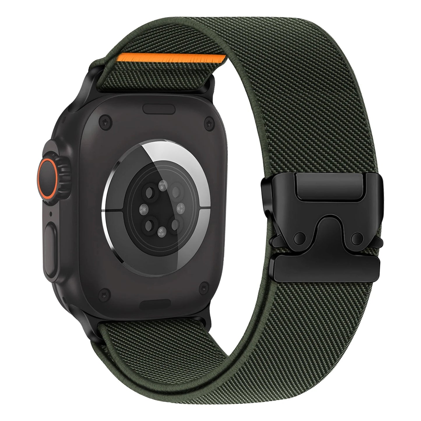 Black Apple Watch strap with bold orange inner accent

