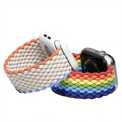 Handwoven braided Apple Watch strap in blue, cream and orange compatible with Apple Watch Ultra and Series.
