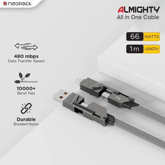 Neopack Almighty 4-in-1 Fast Charging Cable – 66W Braided Nylon