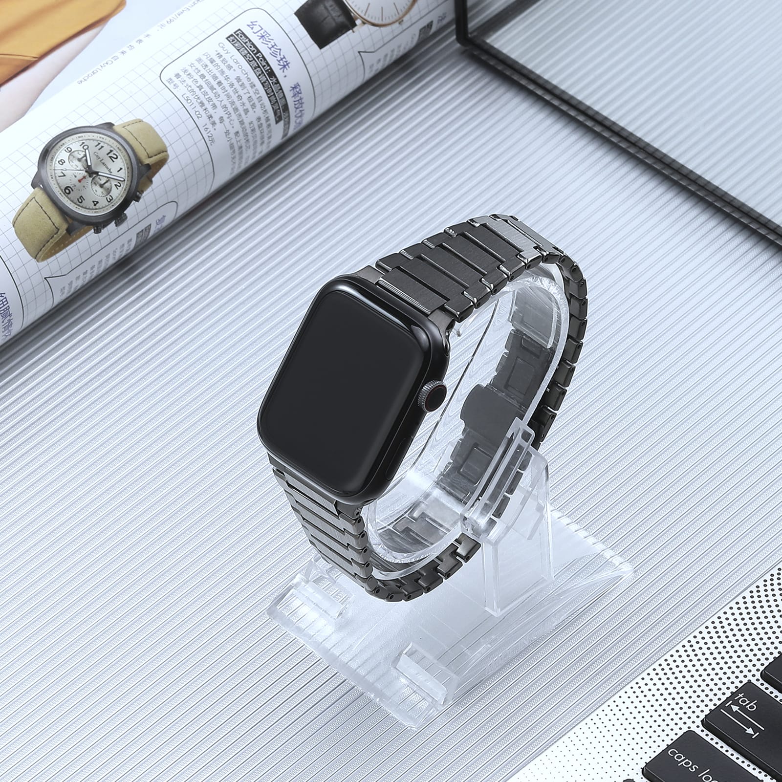 Polished steel link band for Apple Watch Ultra in black finish


