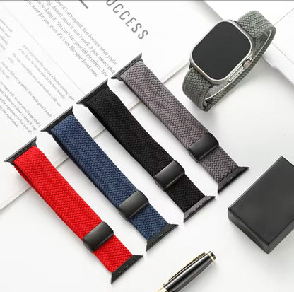 Lightweight woven nylon Apple Watch strap with premium tricolor braided design for everyday style and comfort.