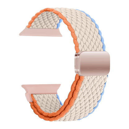 Premium tricolor braided Apple Watch band with soft woven nylon construction and secure fit.