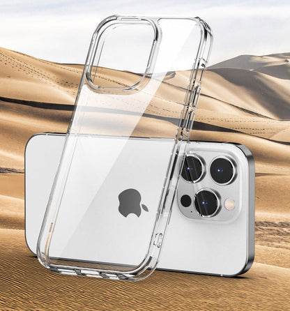 Minimalist iPhone case with crystal-clear back, Apple logo visible, white transparent bumper edges