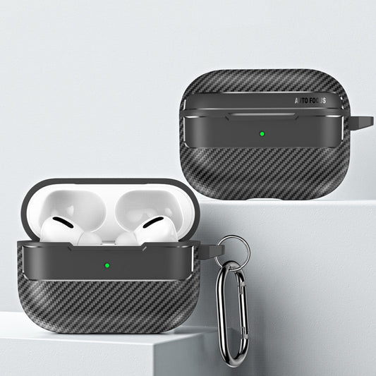 Black carbon-texture AirPods case with secure locking strap

