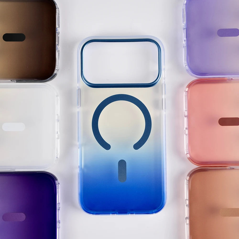 Premium frosted MagSafe case featuring blue fade finish