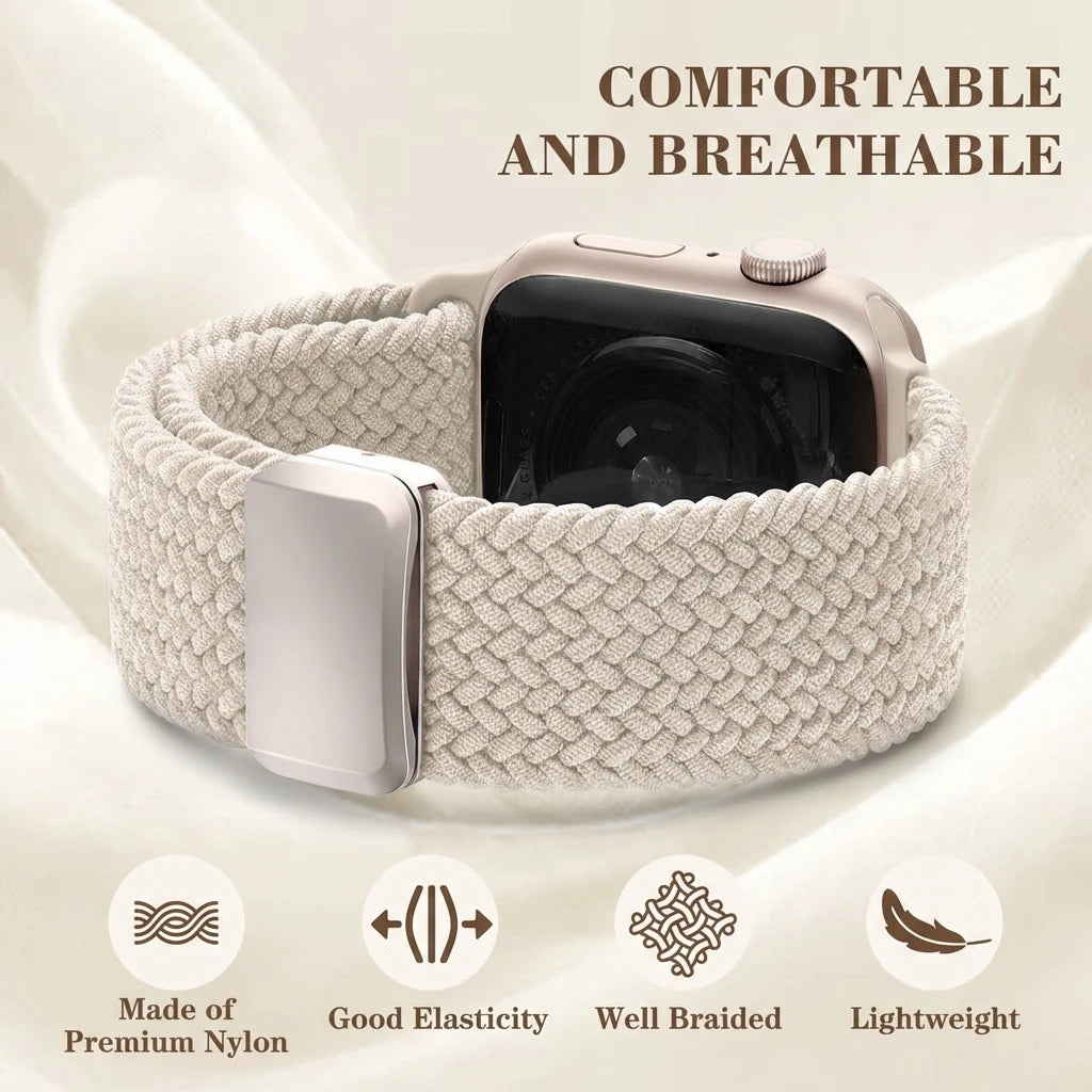 Comfortable braided Apple Watch strap in blue, cream and orange for Apple Watch Ultra, Series and SE.