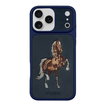 PoloRide Elite Edition Luxury iPhone 17 Pro Case – Blue Leather Finish with Horse Artwork