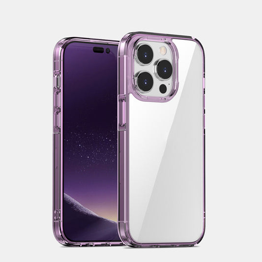 Purple soft edge iPhone case on iPhone 13/14/15/16 series, slim fit with protective clear back and raised camera bump