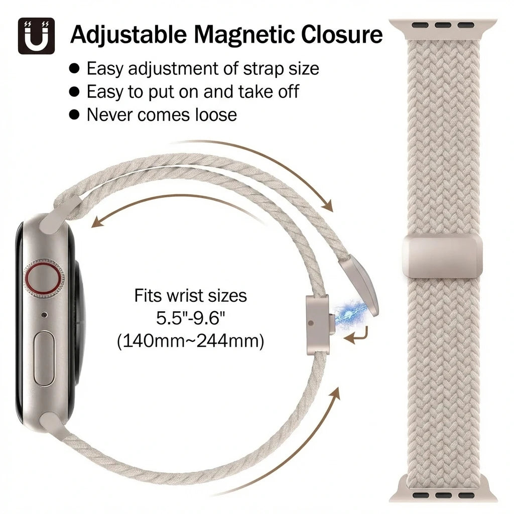 Premium woven nylon Apple Watch band with tricolor braided design for men and women.