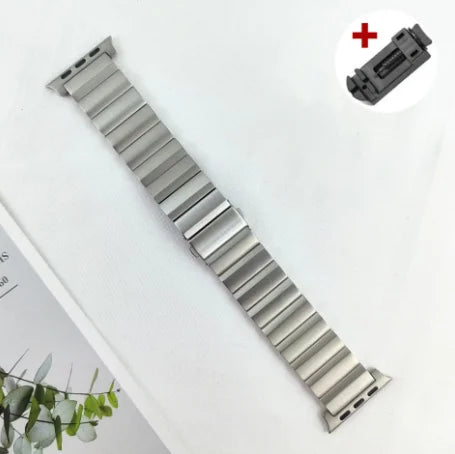 Adjustable stainless steel Apple Watch band with quick-release links